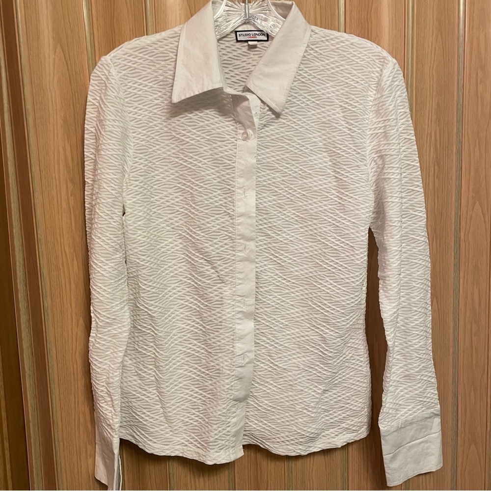 Studio London Stretch Sheer White Crosscross Long Sleeve Button Up Blouse